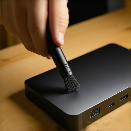 Professional Port Cleaning Maintenance Cleaning dust from a USB-C docking station ports using professional tools.