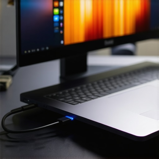 Close-up of a professional USB-C dock and workspace lighting.