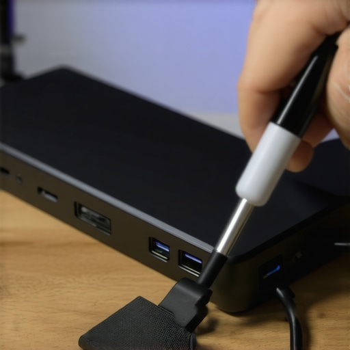 Professional Tech Maintenance Tools and Labeled Cables A clean desk setup showing organized cables with labels and a person cleaning a USB-C port with an anti-static brush.