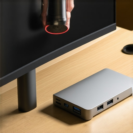 Professional Tech Maintenance and Cleaning Cleaning a computer monitor and USB-C dock with an electronic air duster to prevent overheating.