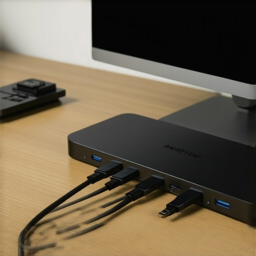 A clean desk setup featuring a Thunderbolt 4 dock and a vibrant 4K computer monitor.