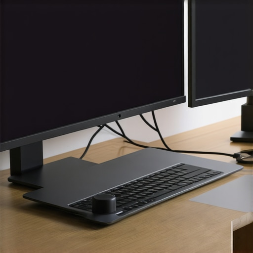Professional Thunderbolt 4 Dual Monitor Setup A MacBook Pro connected to two external monitors via a professional Thunderbolt 4 dock on a clean wooden desk.