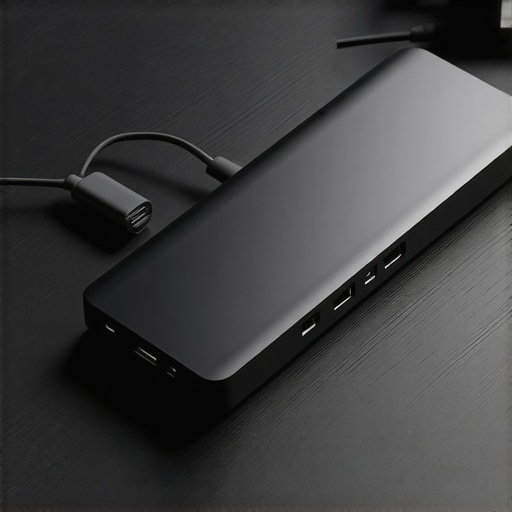 Professional USB-C Dock Cable Management A neatly organized USB-C dock on a mahogany desk showing clean cable routing and professional office accessories.