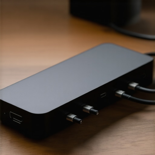 Professional USB-C Dock Cable Management A well-organized USB-C dock with managed cables on a professional desk setup.