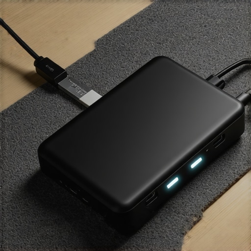 Close-up of a high-end USB-C dock with cables on a felt desk mat for a clean setup.