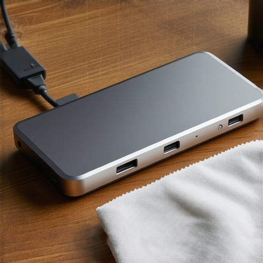A clean USB-C dock being maintained on a professional desk setup.