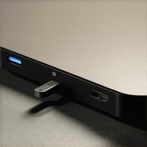 Professional USB-C Dock Maintenance Setup High-quality USB-C docking station and Thunderbolt cable on a clean felt desk mat with warm lighting