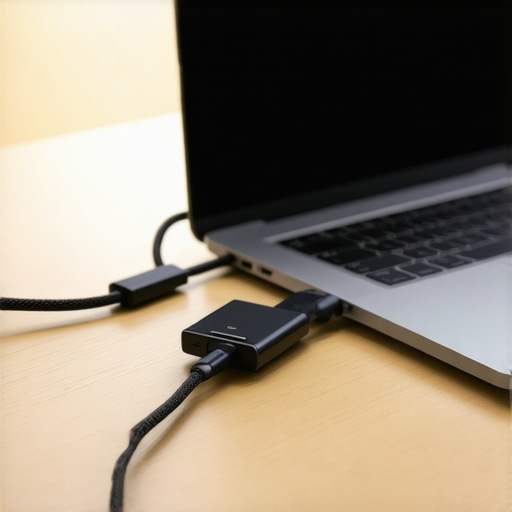 Professional USB-C Dock Maintenance and Setup A high-performance desk setup featuring a USB-C dock and organized workspace cables.