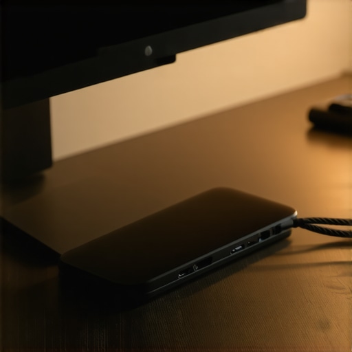 Sleek USB-C dock with braided cables on a minimalist dark wood desk setup