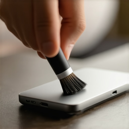 Professional USB-C Dock Maintenance Close-up of cleaning a USB-C dock with a fine brush to prevent overheating.