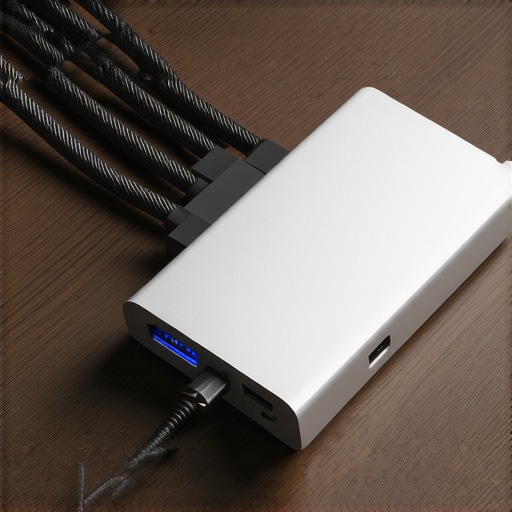 Professional USB-C Dock Setup A high-end USB-C dock with multiple cables connected on a minimalist desk.