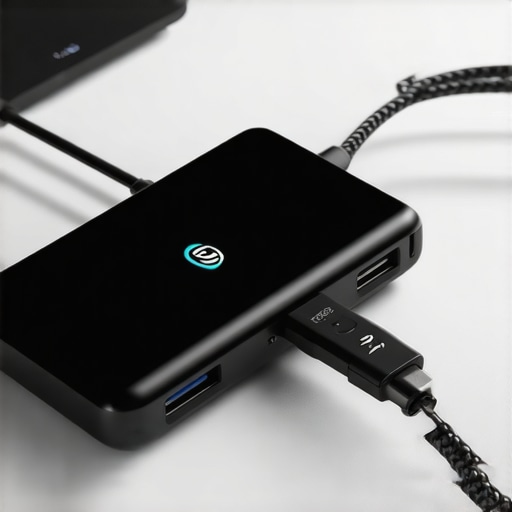 Professional USB-C Dock Setup Close up of a premium USB-C dock with multiple cables and organized desk layout.