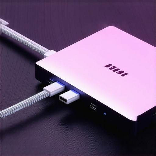 Professional USB-C Dock Setup Close-up of a high-end USB-C dock with braided cables on a wooden desk