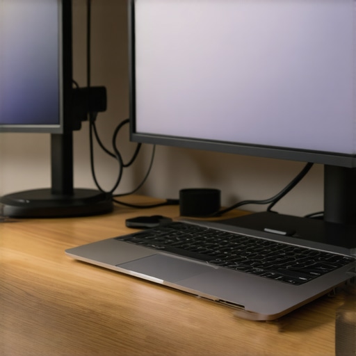 Professional USB-C Dock Setup in Bedroom Office Close-up of a USB-C dock with organized cables on a wooden desk connecting dual monitors.
