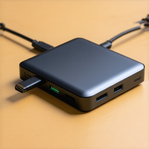 Professional USB-C Dock Setup with Cable Management Close-up of a USB-C dock with an extension cable for a wireless dongle on a desk