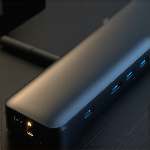 Close up of a professional USB-C docking station with organized cables and soft lighting on a desk