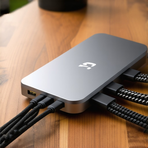 Professional USB-C Dock and Cable Management Detail Close up of a high-end USB-C docking station with braided cables on a wooden desk.