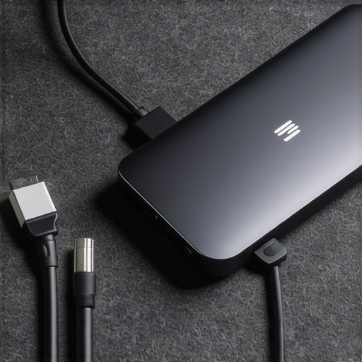 Close up of a modern USB-C docking station on a felt mat with organized cable management