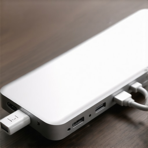 Professional USB-C Dock and Cable Setup A high-end USB-C docking station with various cables connected on a wooden desk