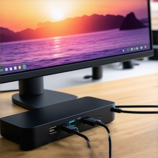 Professional USB-C Dock and Calibrated Monitor Setup A high-performance docking station connected to a professional monitor with deep black levels and vibrant colors.