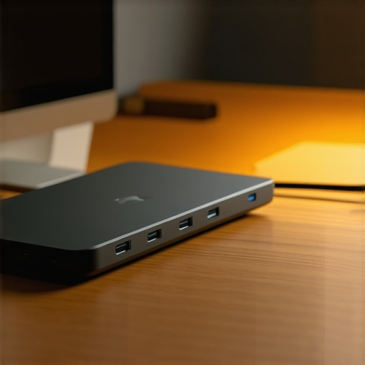 Professional USB-C Dock and Desk Lighting Setup A high-end USB-C docking station with organized cables on a wooden desk under warm lighting.
