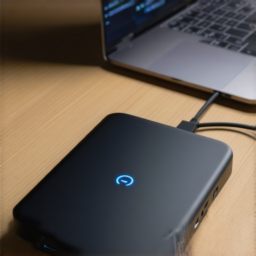 A high-end USB-C dock with multiple monitor and data cables connected on a wooden desk.