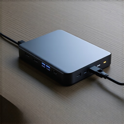 Professional USB-C Docking Station Setup Close-up of a high-end USB-C dock on a minimalist desk showing organized cable connections.