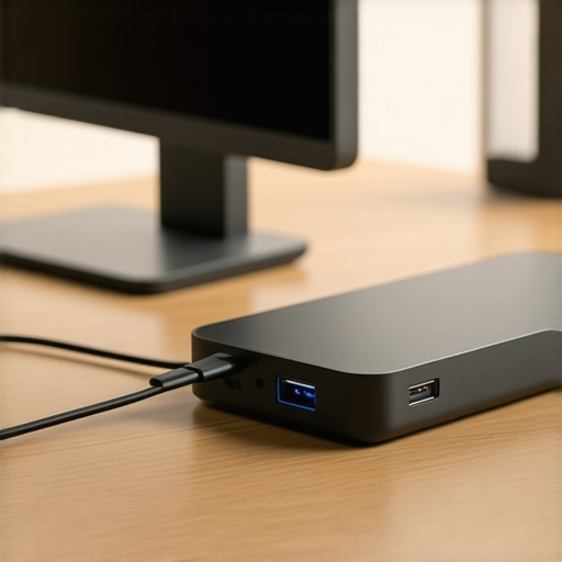 Professional USB-C Docking Station Setup A high-end USB-C dock with cables connected on a modern workspace desk.