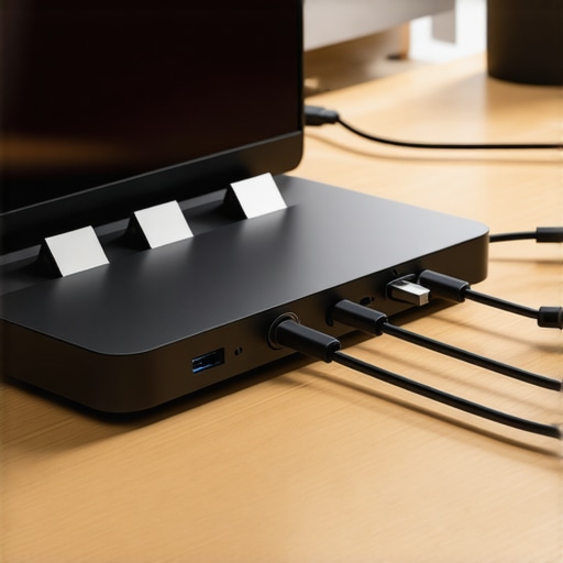 A high-quality USB-C dock on a wooden desk with organized cables
