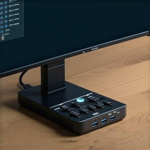 Close up of a professional USB-C dock with multiple cables on a wooden desk