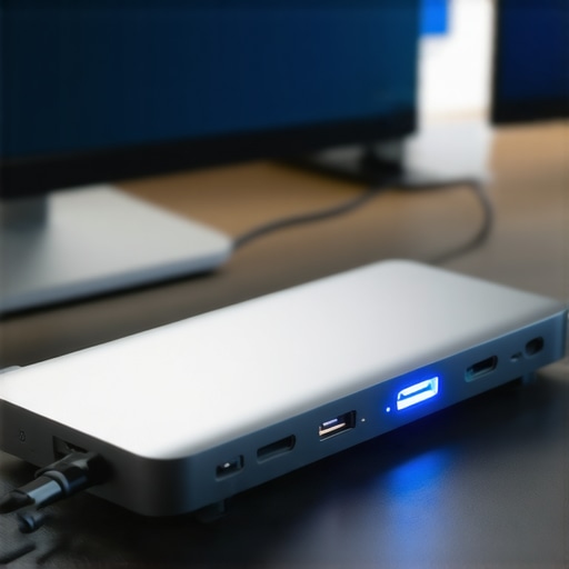 Close up of a high-end USB-C dock with multiple cables on a professional desk