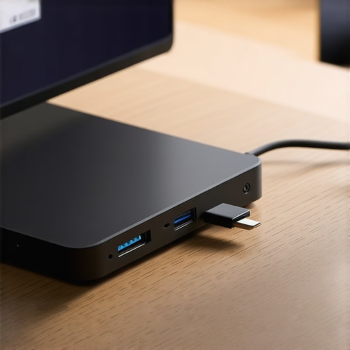 A high-performance USB-C dock with multiple cables connected on a modern office desk.