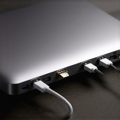 A close-up showing an organized USB-C hub with multiple cables connected on a wooden workspace.
