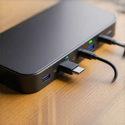 A high-end USB-C dock on a desk showing multiple cable connections for a pro office setup.
