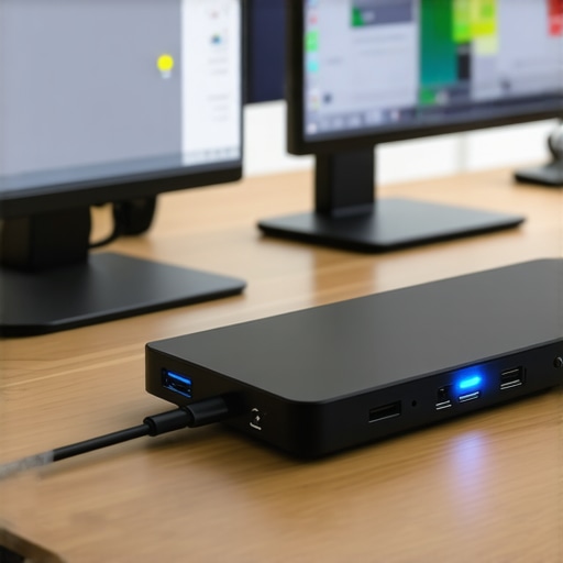 Professional USB-C Docking Station for Multi-Monitor Setup A high-end USB-C dock connected to various peripherals on a clean wooden desk.