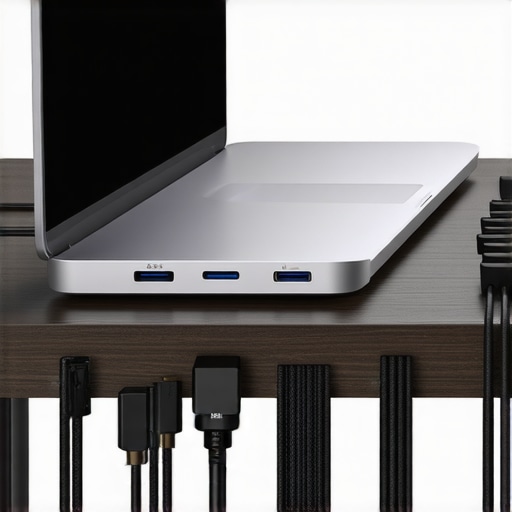 Professional USB-C Docking Station on Wood Surface High-end USB-C dock with organized cables on a solid walnut desk with warm lighting.
