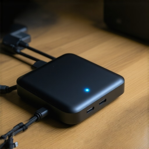 Professional USB-C Docking Station with High-Speed Cables A high-end USB-C hub showing various connectivity ports and braided cables for a professional desk setup.