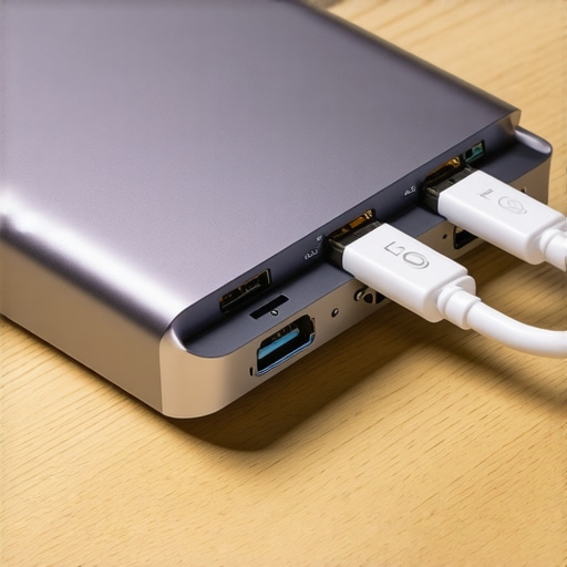 Professional USB-C Docking Station with Multiple Connections Close-up of a professional high-bandwidth USB-C hub with multiple cable connections on a clean desk.