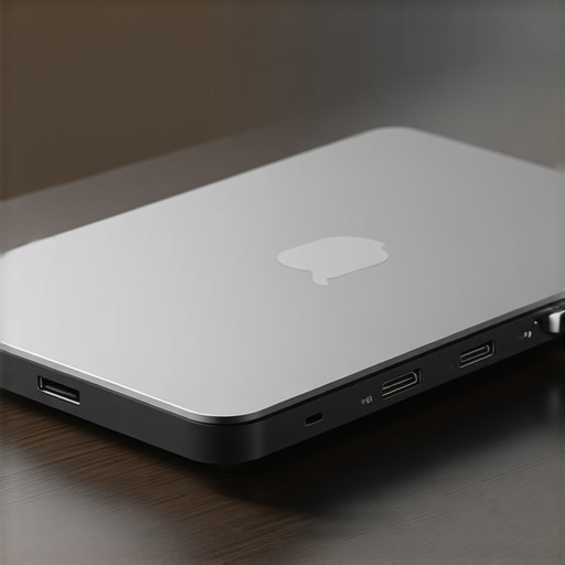 Close-up of a high-end USB-C dock with neat cable management on a wooden desk.