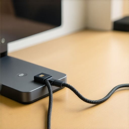Professional USB-C Docking and Cable Management A close-up of a premium USB-C dock showing organized cables on a modern desk setup.