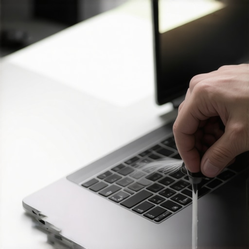Person cleaning a laptop USB-C port with compressed air and a non-conductive tool.