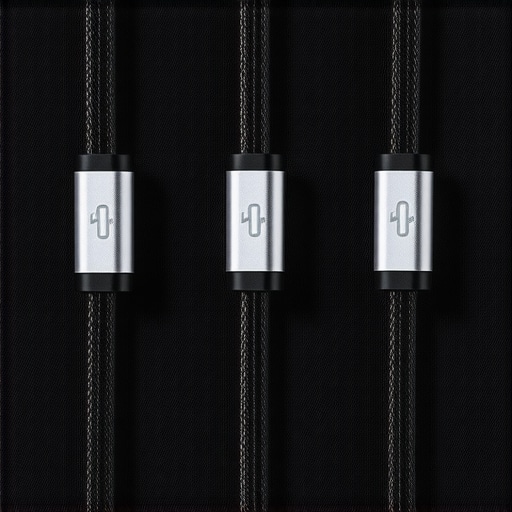 Close-up of high-speed data cables for a professional desk setup.
