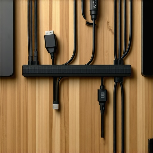 Cables organized under a desk using velcro straps and separate paths for power and data lines.