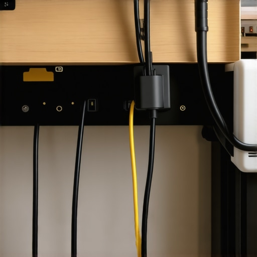 Professional Under-Desk Cable Management A clean office desk setup showing organized cables and a mounted power strip underneath.