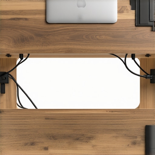 Close-up of a laptop mounted under a walnut desk with organized cables and a USB-C dock.