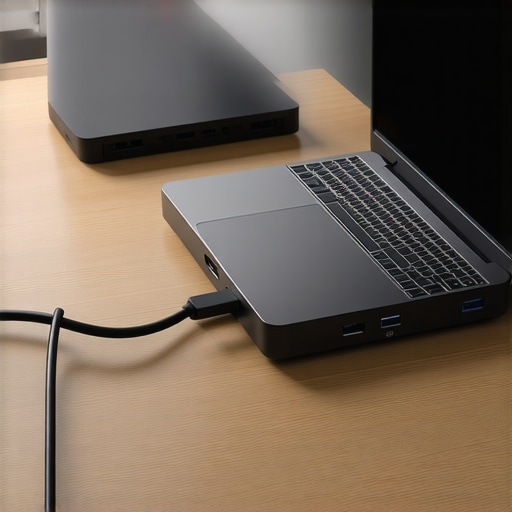 Professional Under-Desk Cable Management and Dock Cooling A well-organized under-desk setup showing cable labels and a ventilated USB-C dock mount for heat management.