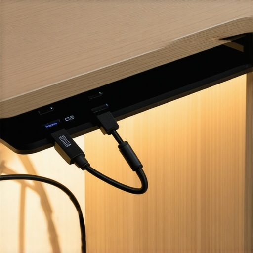 Professional Under-Desk Cable Management and Dock Setup An organized desk underside showing a mounted USB-C dock and labeled cables in a management tray.
