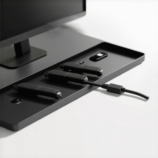 Professional Under-Desk Cable Management and Docking Station Setup Close-up of a neatly organized under-desk cable tray with Velcro ties and a mounted USB-C dock.
