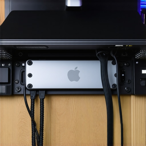 A view of the underside of a desk showing a laptop mounted in steel brackets with perfectly managed and labeled cables.