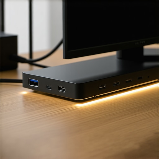 Professional Under-Desk USB-C Dock and Cable Management Detailed view of an organized under-desk docking station with labeled cables and LED lighting.